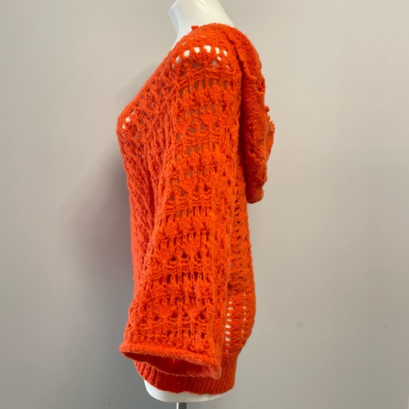 Free People Hooded Open Knit Dolman Sweater Orange Wool Blend Crochet Pullover M - Picture 6 of 16